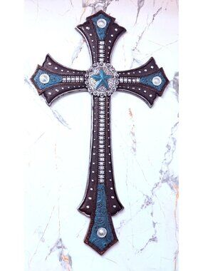 Western-Inspired Decorative Wall Cross With Blue Star Accents Brown & Turquoise
